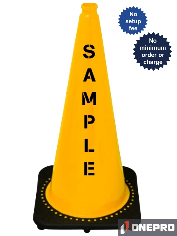 Yellow 28\" 7.0 lb Black Base Cone with Double Sided (2X) Custom Stencil