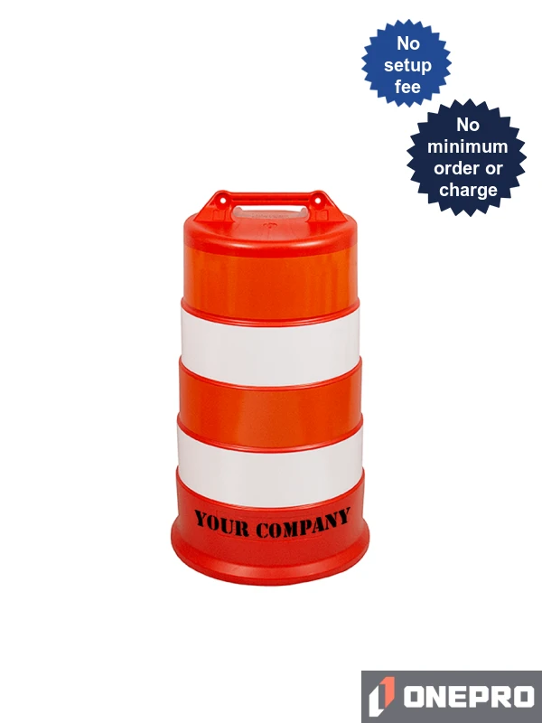 37\" Tall Channelizer Drum w/ Four (4) 6\" EG Reflective Stripes \u0026 Double Sided (2X) Custom Stencil