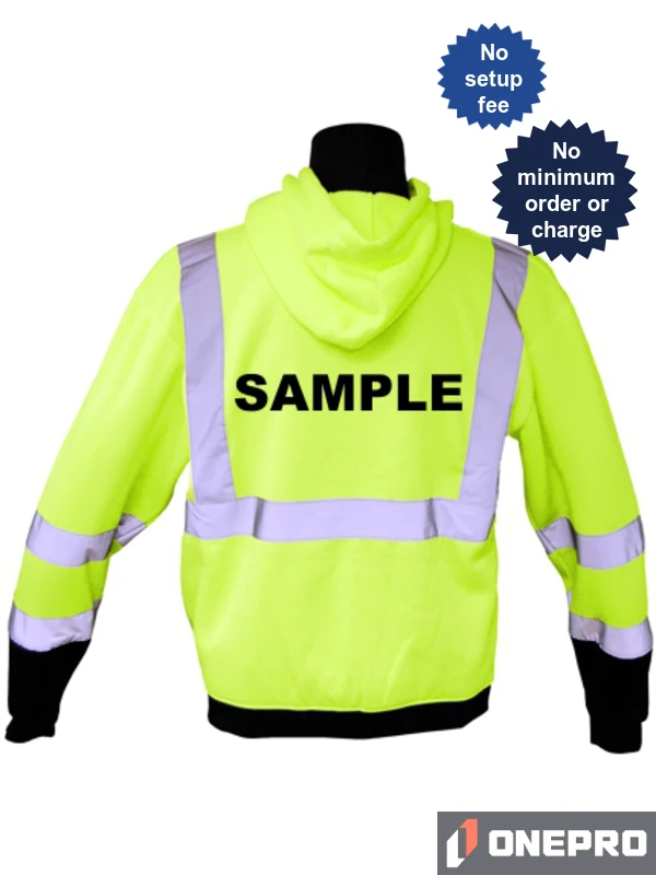 Class 3, Lime, Hooded Full Zipper Sweatshirt, Large w/Non-Reflective Graphic