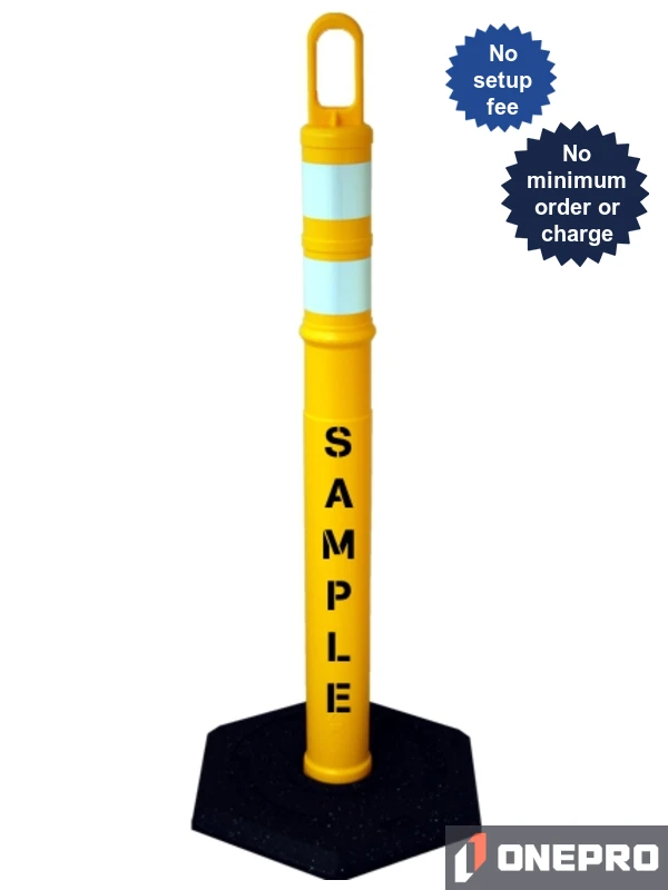 42\" YELLOW Looper Tube with Two (2) 3\" Reflective Collars, Custom Stencil \u0026 8 lb Base