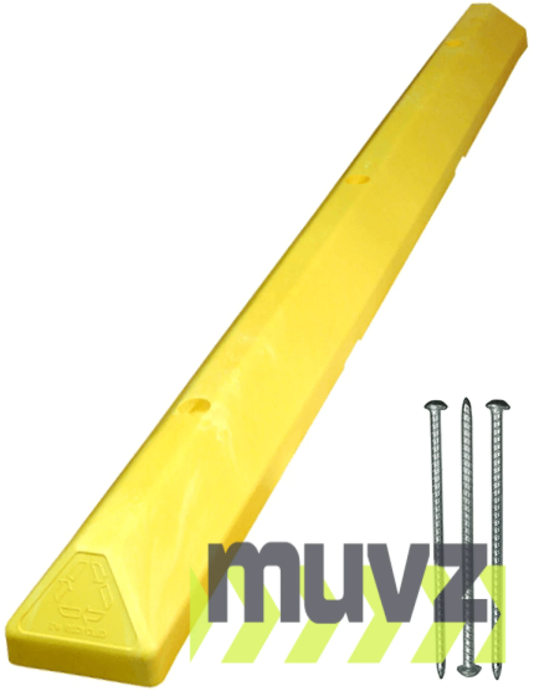 6\u0027 Yellow Recycled Plastic \u0027Commercial\u0027 Parking Block w/three 14\" Galvanized Rebar Steel Spikes