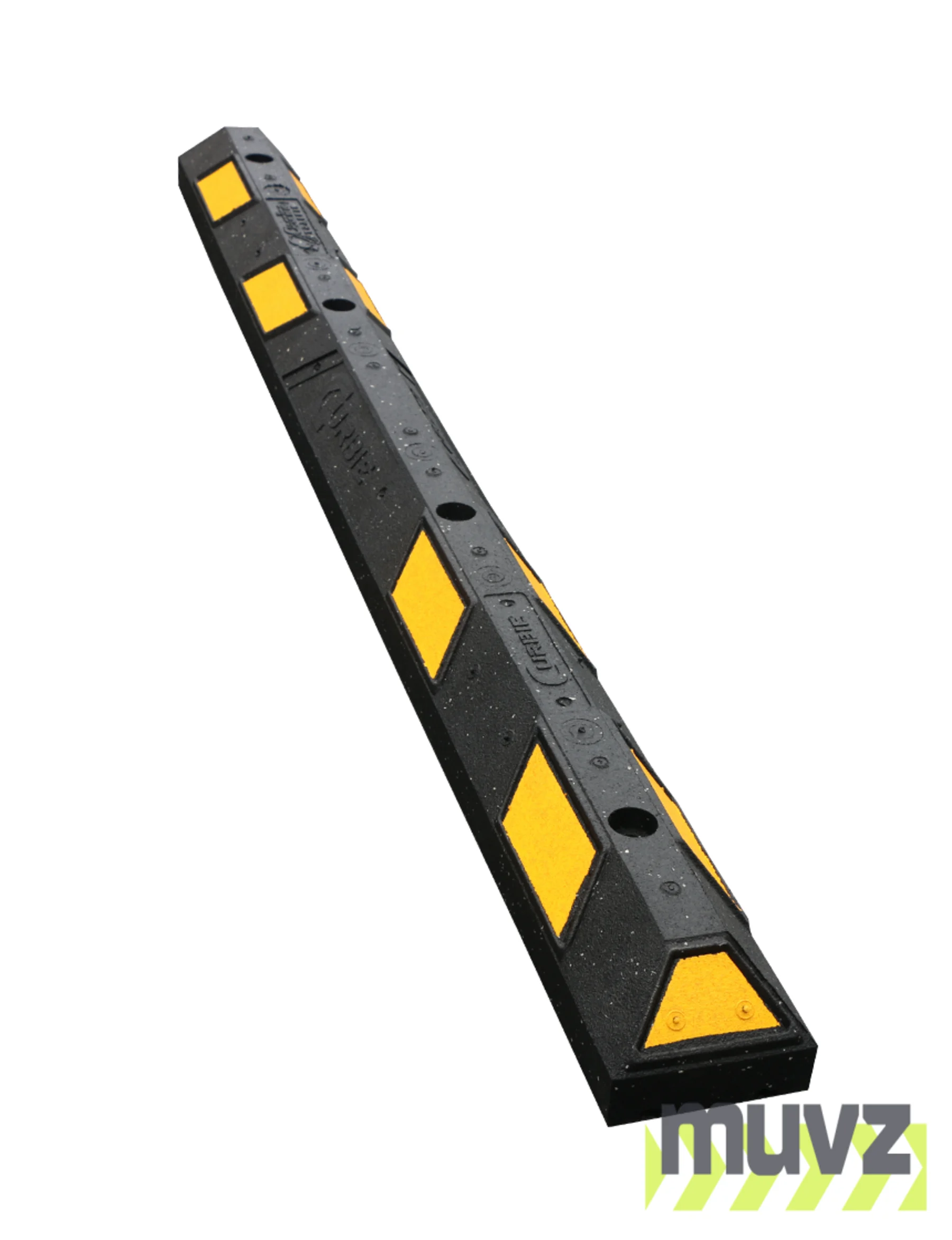 6\u0027 Black \u0026 Yellow \u0027Curbie\" Recycled Rubber Parking Block with Four (4) 13\" Rebar Spikes