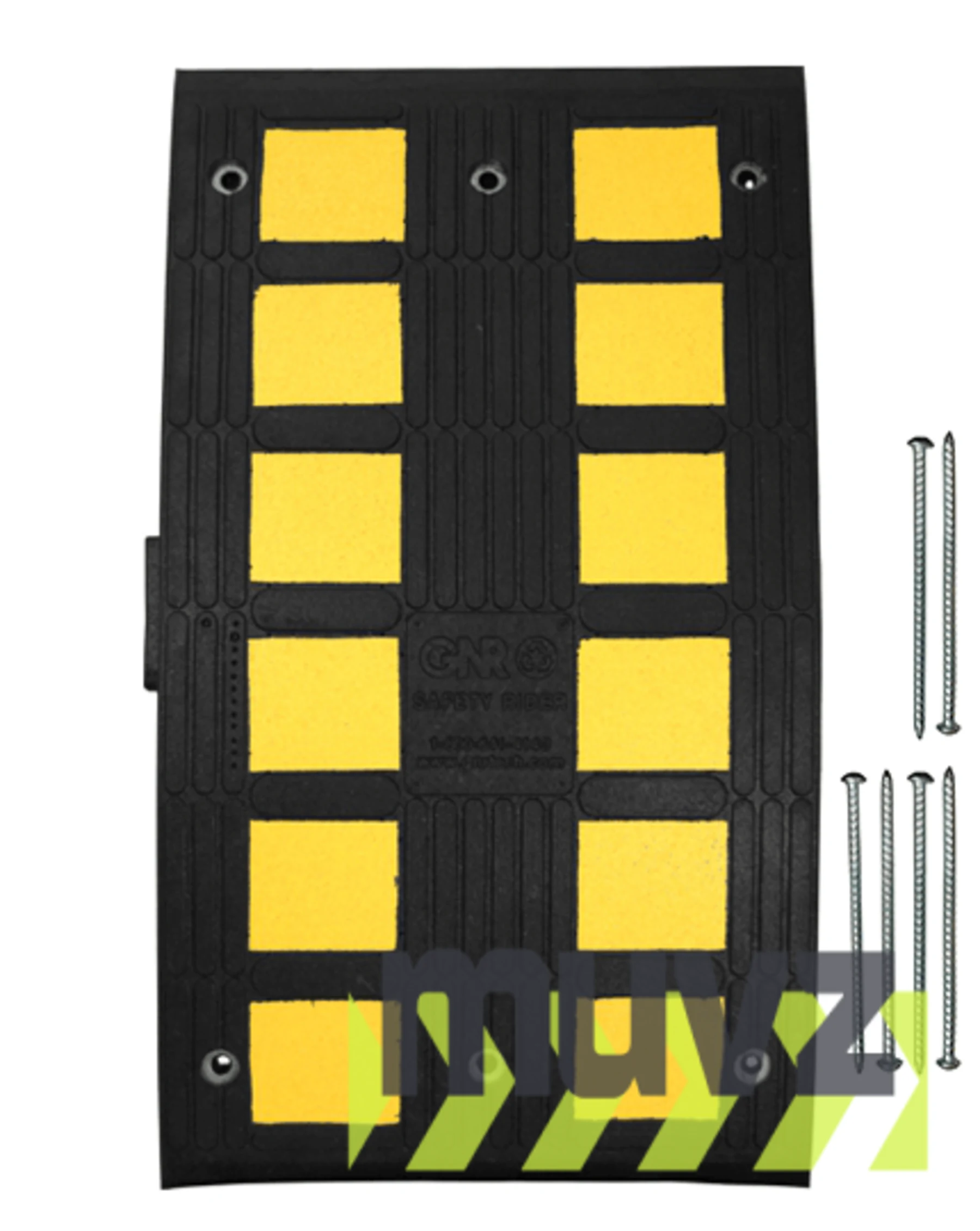 Heavy Duty Recycled Rubber Speed Hump Section, 35.5\"L x 19.5\"W x 2.1\"T w/14\" Galvanized Rebar Spikes