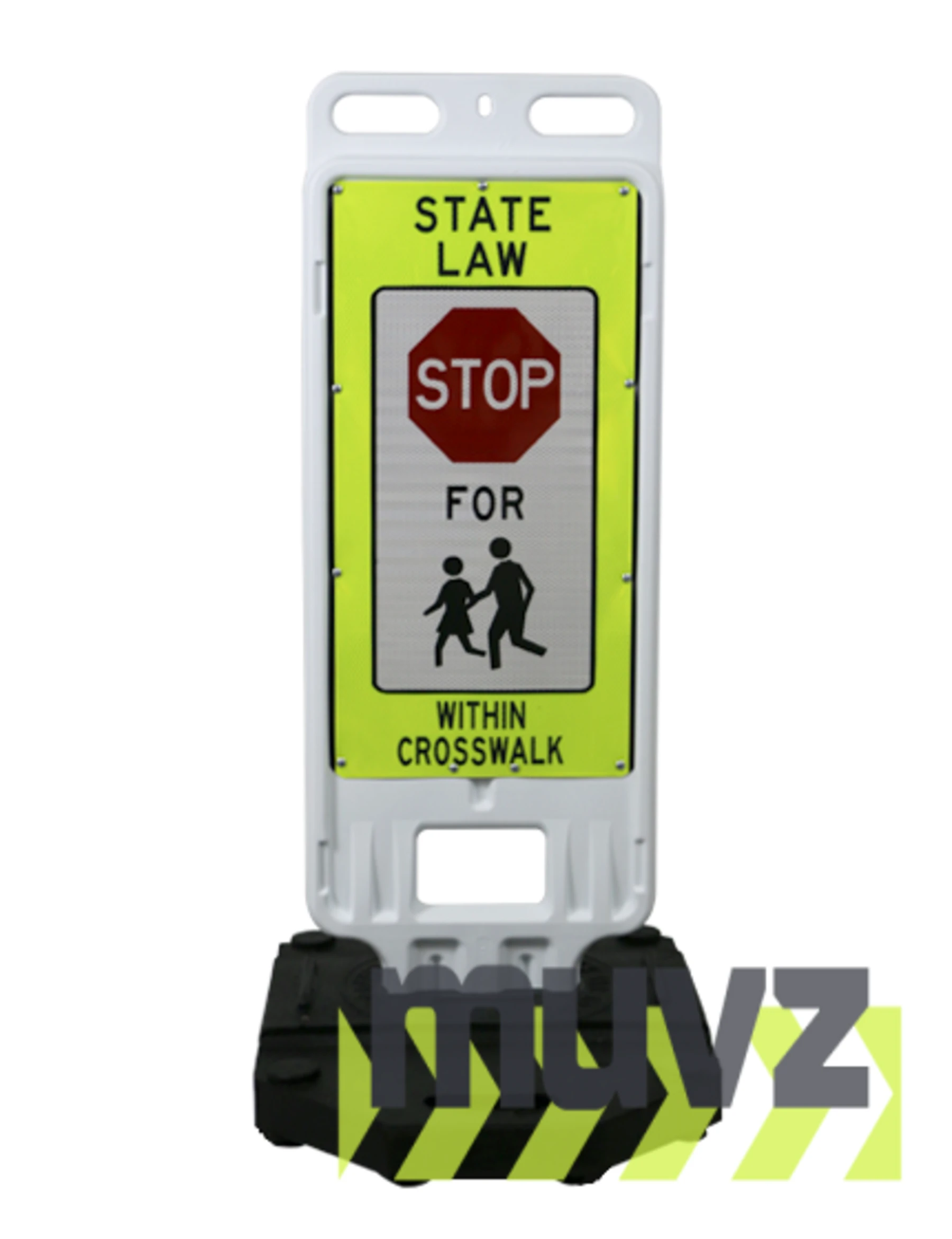 12\"x24\" Reflective Lime, STOP Symbol \"FOR PEDESTRIANS\", Vertical Panel Barricade w/28 Lb. Base