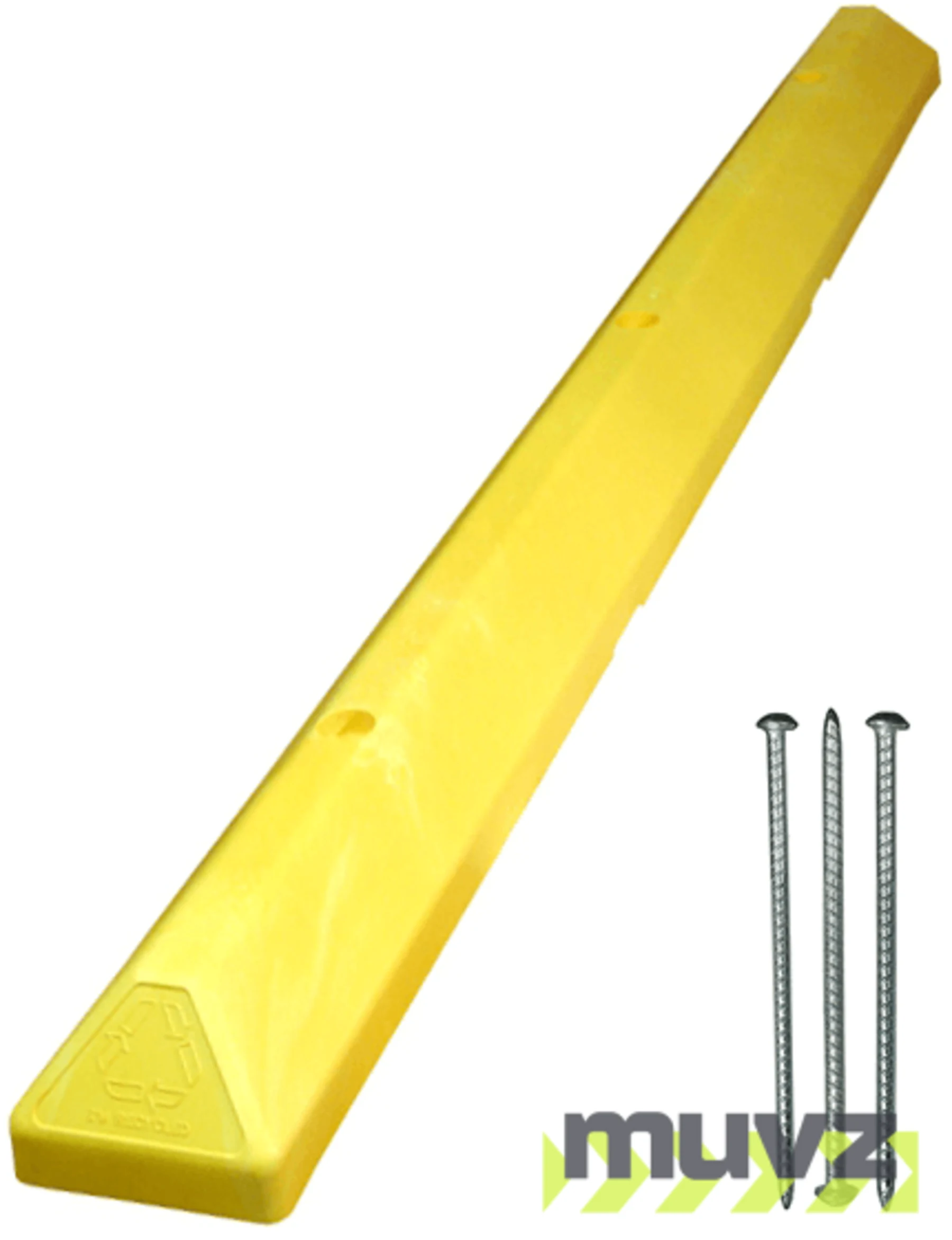6\u0027 Yellow Recycled Plastic \u0027Commercial\u0027 Parking Block w/three 14\" Galvanized Rebar Steel Spikes