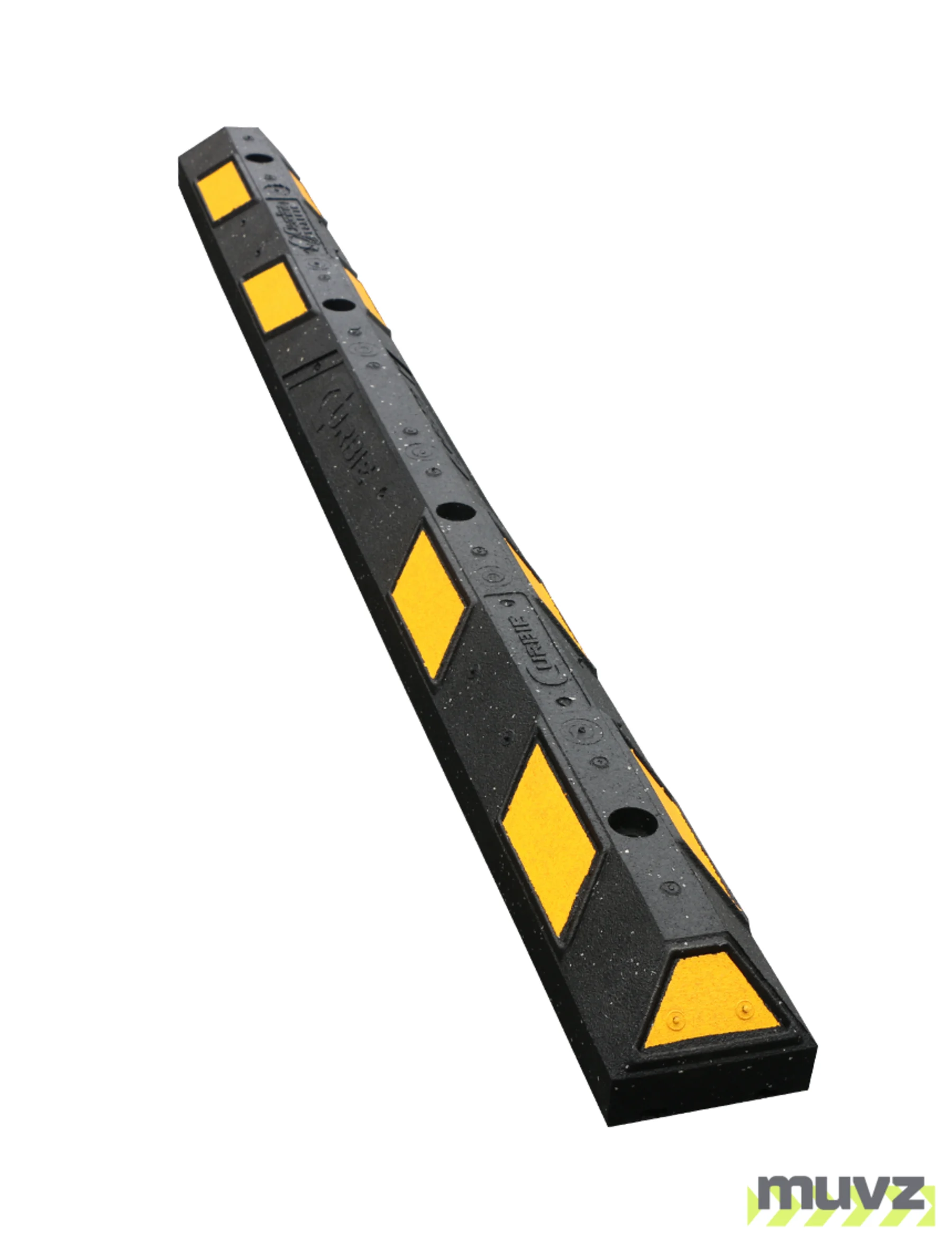 6\u0027 Black \u0026 Yellow \u0027Curbie\" Recycled Rubber Parking Block with Four (4) Lag Bolts \u0026 Anchors