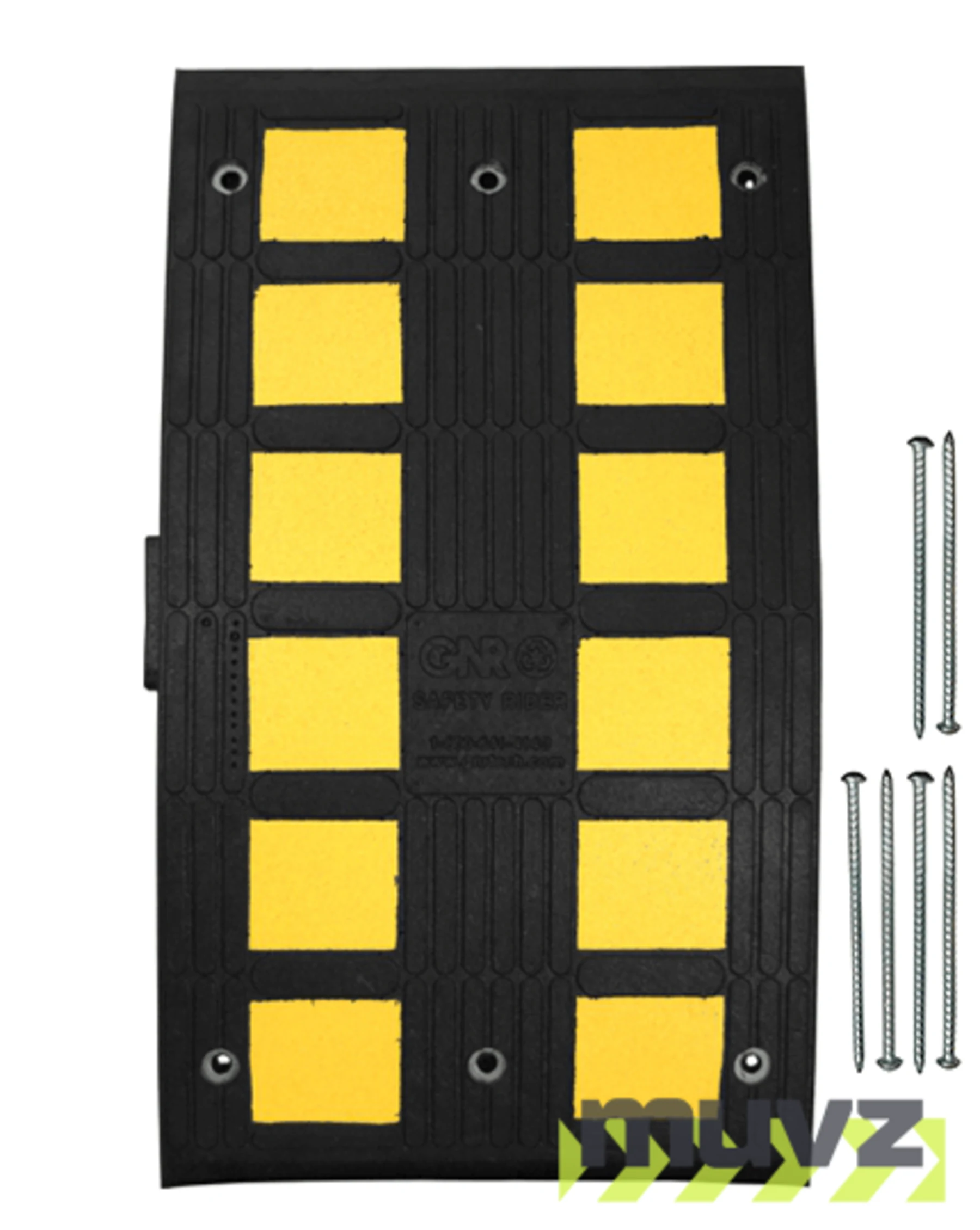 Heavy Duty Recycled Rubber Speed Hump Section, 35.5\"L x 19.5\"W x 2.1\"T w/14\" Galvanized Rebar Spikes