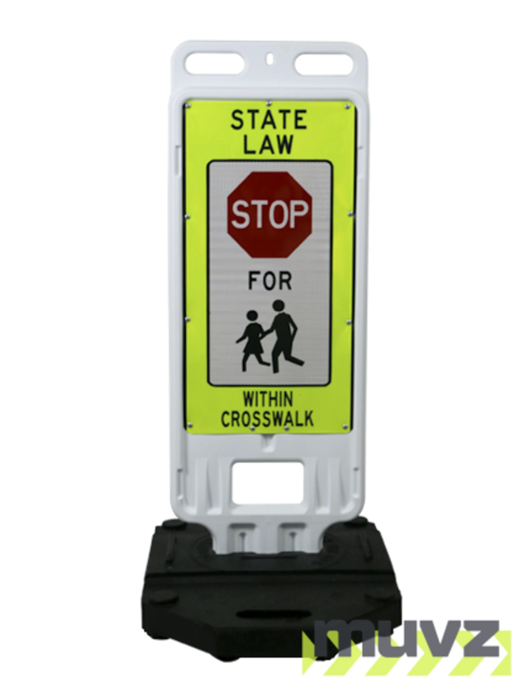 12\"x24\" Reflective Lime, STOP Symbol \"FOR PEDESTRIANS\", Vertical Panel Barricade w/28 Lb. Base