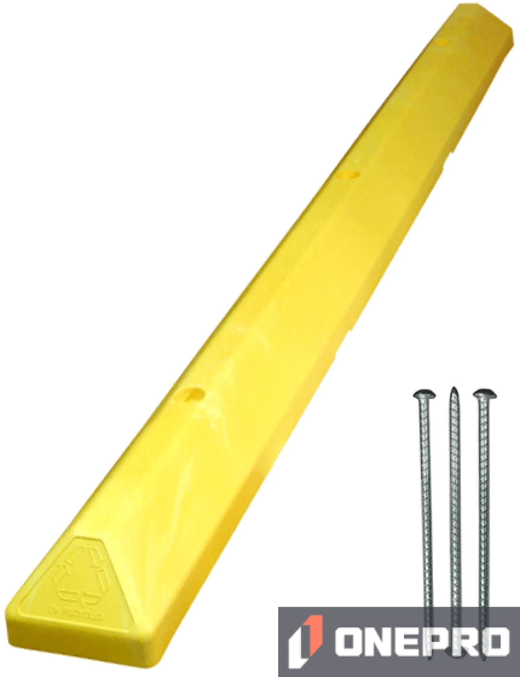 6\u0027 Yellow Recycled Plastic \u0027Commercial\u0027 Parking Block w/three 14\" Galvanized Steel Spikes
