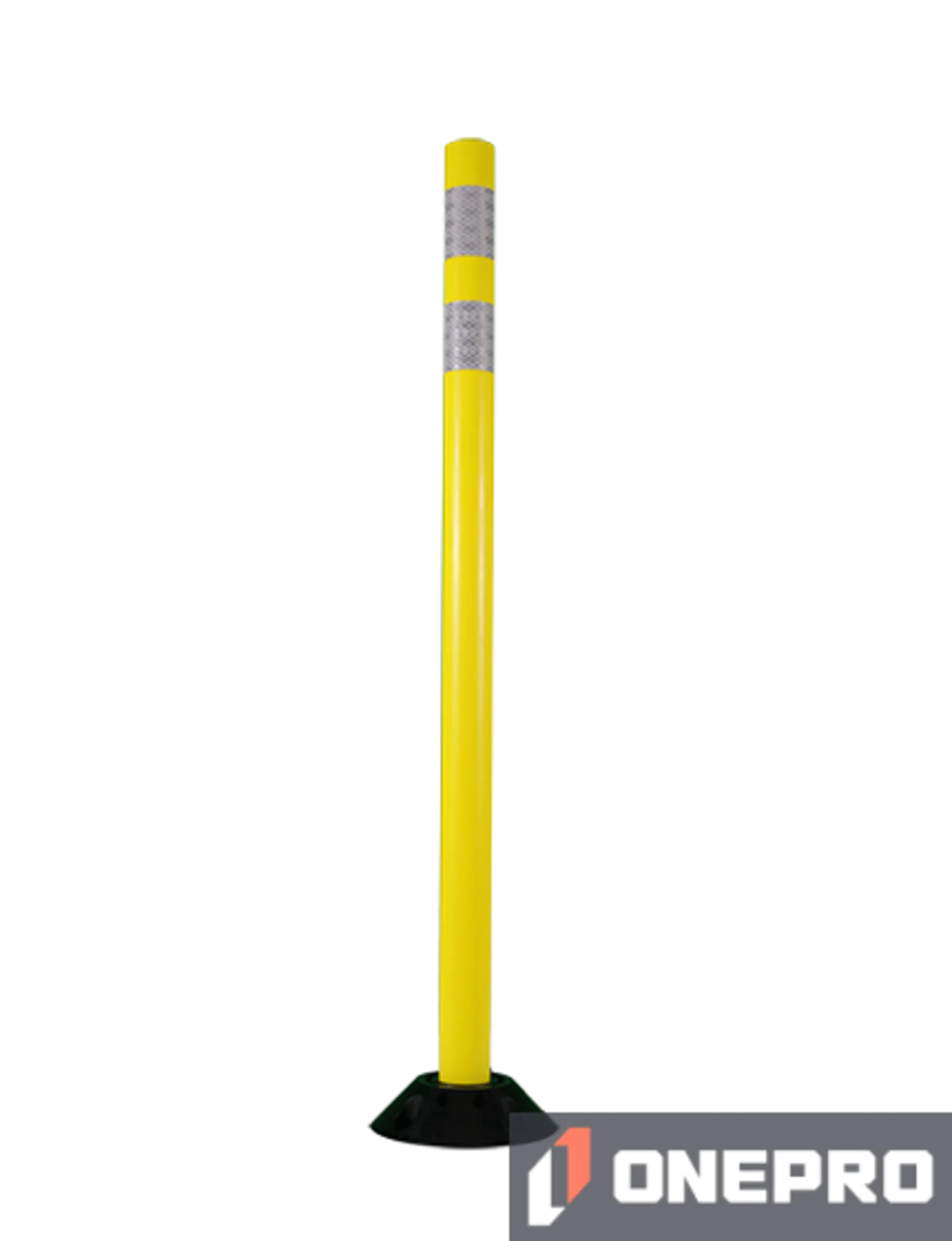 42\" Yellow Round Delineator with two (2) 3\" white reflective collars with Asphalt Mounting Hardware