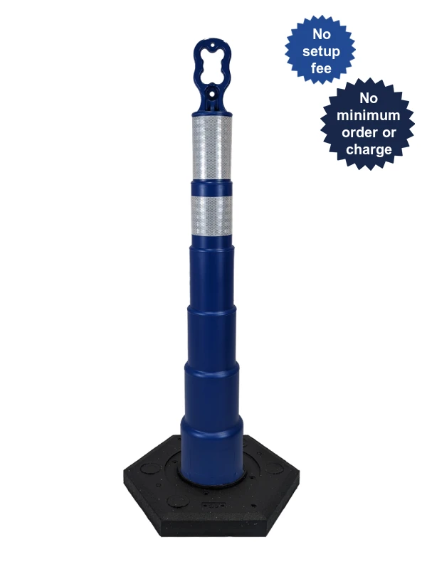 42\" Blue Ez-Grab Channelizer Orange 16 lbs Base w/ 6\" \u0026 4\" Reflective Collars \u0026 2X Custom Lettering