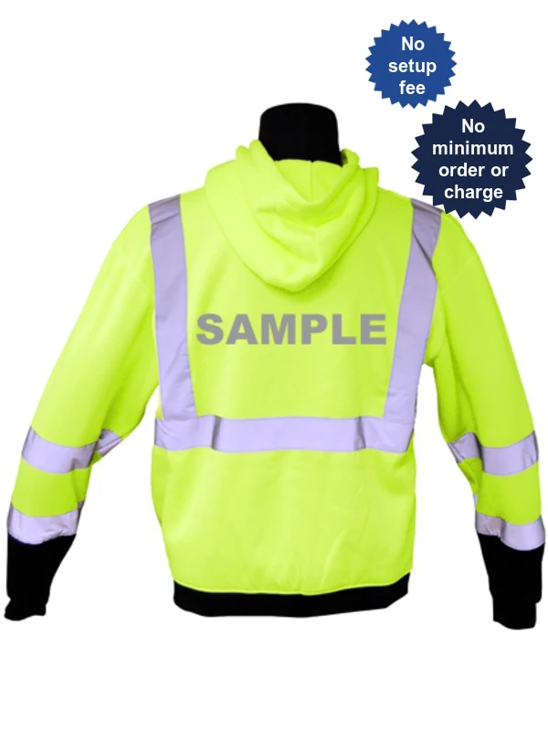 Class 3, Lime, Hooded Full Zipper Sweatshirt, 2Xl w/Reflective Custom Lettering