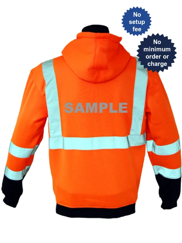Class 3, Orange, Hooded Full Zipper Sweatshirt, 2Xl w/Reflective Custom Lettering