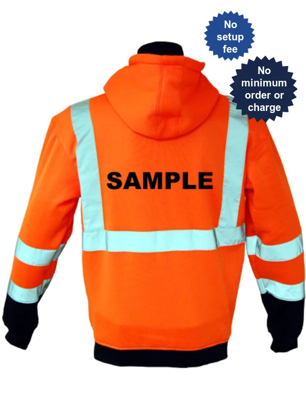 Class 3, Orange, Hooded Full Zipper Sweatshirt, 2Xl w/Non-Reflective Custom Lettering