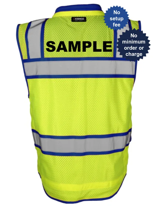 Kishigo Color Contrast High Performance Surveyors Lime \u0026 Blue, Class 2 Safety Vest, 4XL with Custom Black Text