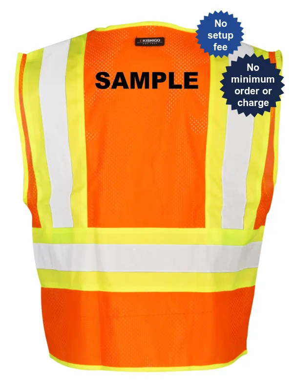 Orange, Mesh Contrasting Class 2 Safety Vest, Large w/Custom Black Lettering
