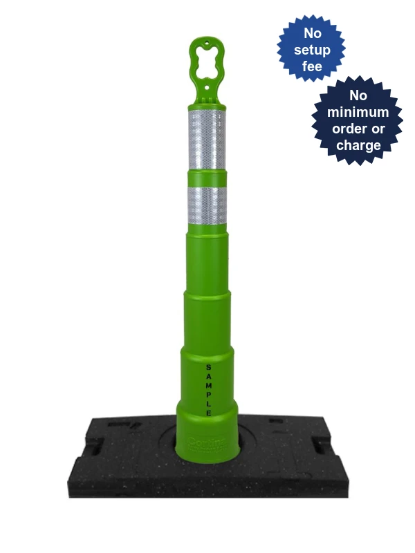 42\" Lime Green Ez-Grab Channelizer Orange 30 lbs Base w/ 6\" \u0026 4\" Reflective Collars \u0026 2X Custom Lettering