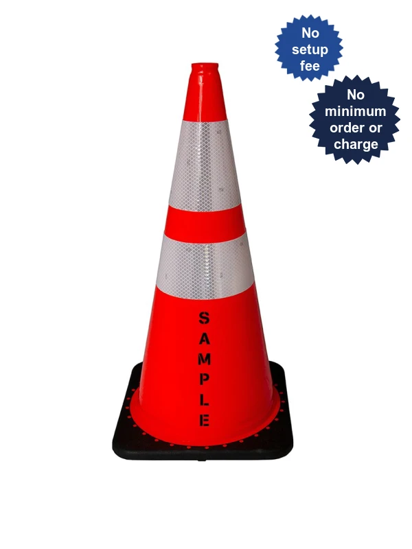 Orange 28\" 5.5 Lb. Black Base Cone, 6\" \u0026 4\" Reflective Collars and Double Sided (2X) Custom Stencil