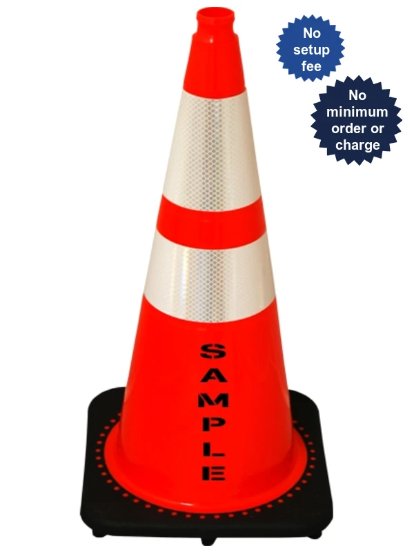 Orange 28\" 7.0 Lb. Black Base Cone, 6\" \u0026 4\" Reflective Collars and Double Sided (2X) Custom Stencil