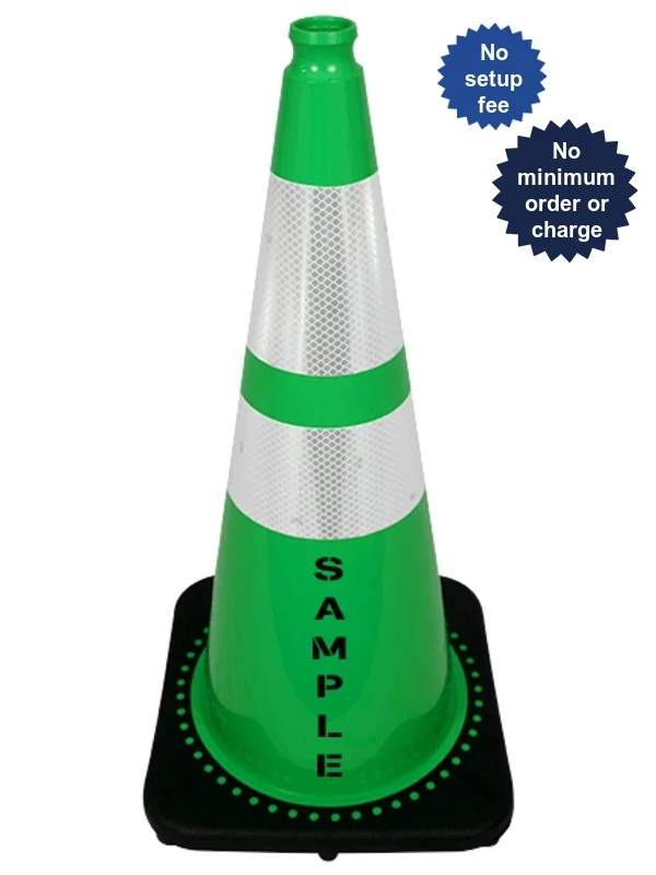 Green 28\" 7.0 Lb. Black Base Cone, 6\" \u0026 4\" Reflective Collars and Custom Stencil