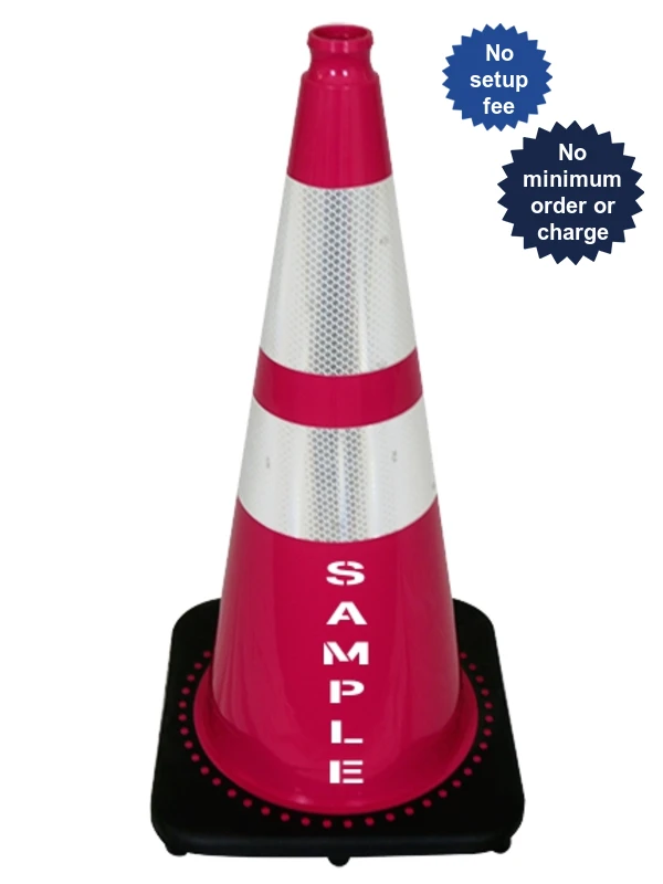 Pink 28\" 7.0 Lb. Black Base Cone, 6\" \u0026 4\" Reflective Collars and Custom Stencil