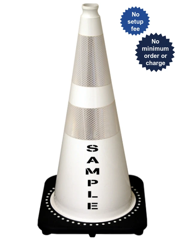 White 28\" 7.0 Lb. Black Base Cone, 6\" \u0026 4\" Reflective Collars and Double Sided (2X) Custom Stencil