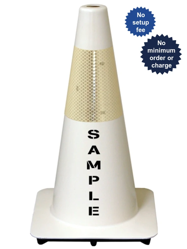White 18\" Flow Molded Traffic Cone w/6\" Reflective Collar \u0026 Custom Stencil