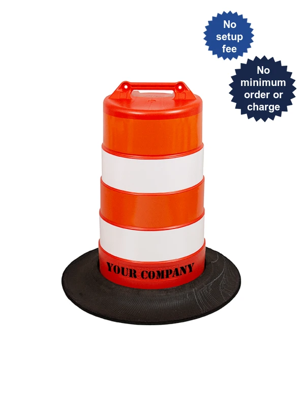 37\" Tall Channelizer Drum w/Four 6\" HI Reflective Stripes, Recycled Tire Wall Base \u0026 Custom Stencil