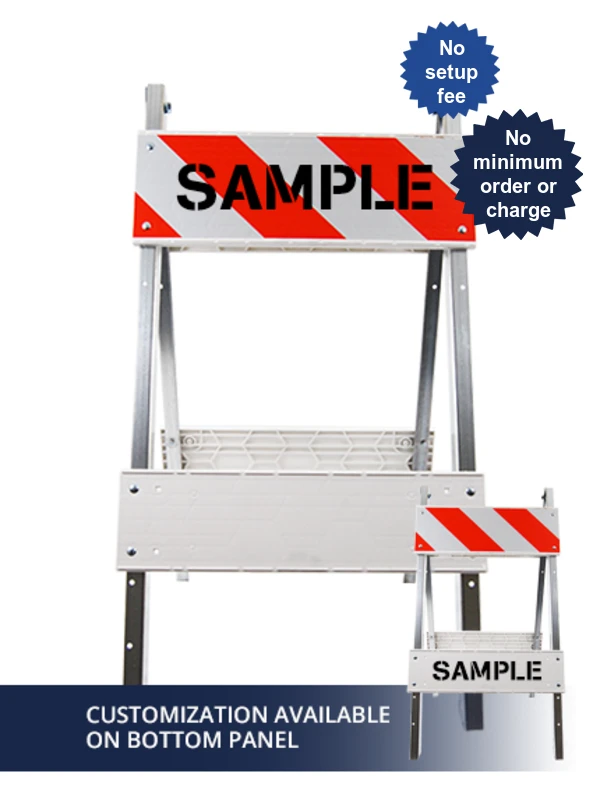 Economy+ MUTCD Type I Barricade w/ Steel Legs, Plastic Panels, EG Reflective \u0026 Double Side Custom Lettering