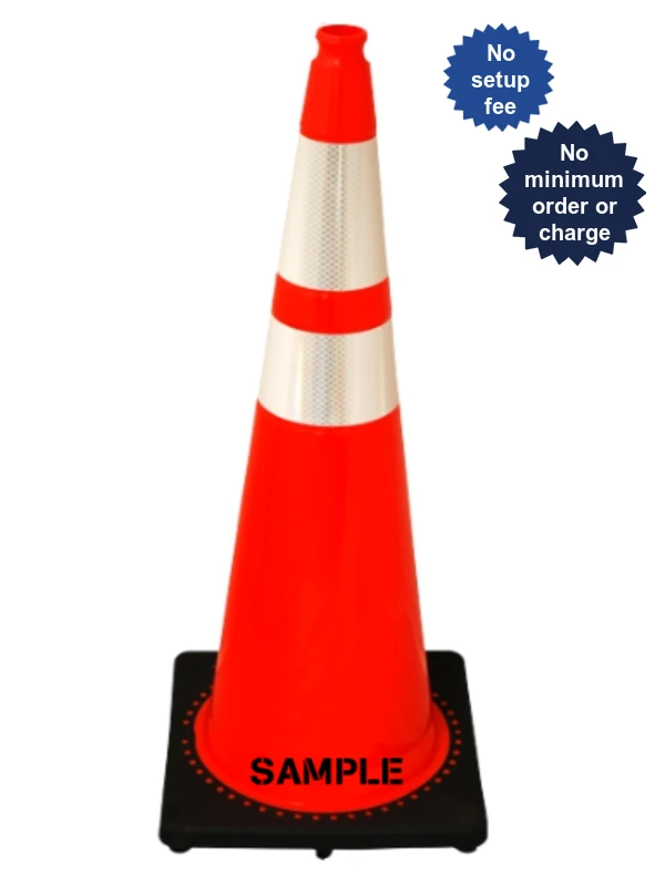 36\" Extra Heavy 15 lbs Traffic Cones JBC Black Base W 2 Reflective Collars Lettering Single Side