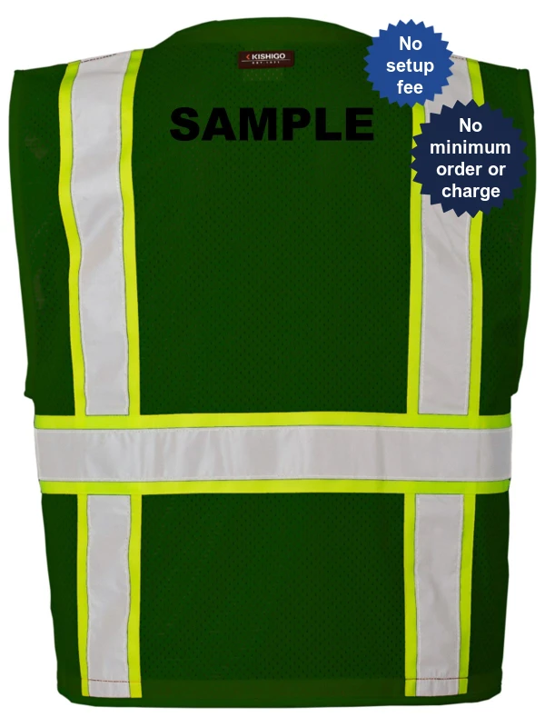Green, Enhanced Visibility, Multi Pocket Mesh Vest, L-Xl w/Custom Black Lettering
