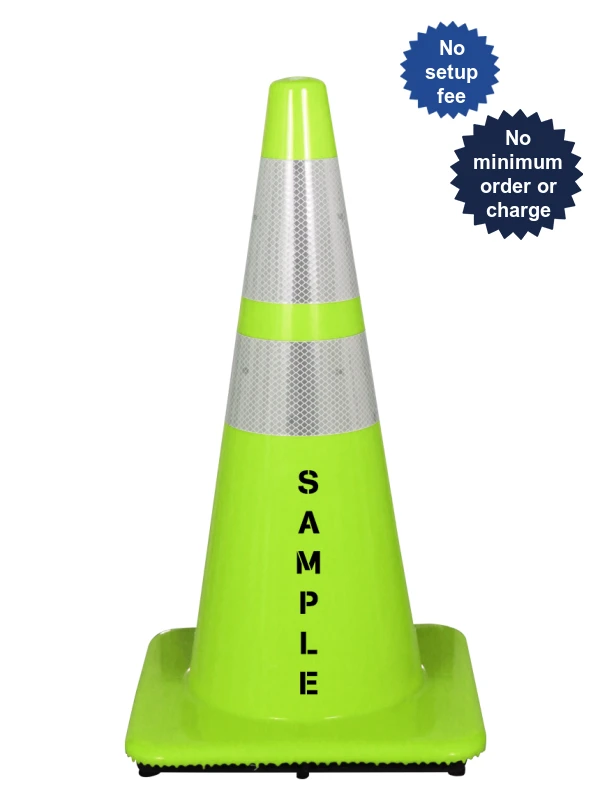 lime 28 inch traffic cones w 2 reflective collars  lettering single side 