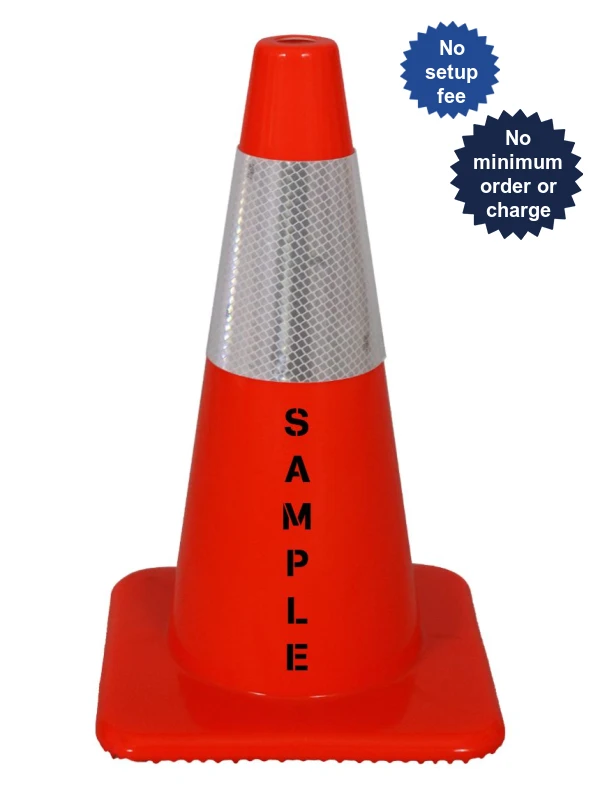 Orange 18\" Lakeside Plastics Traffic Cone, 3 lbs Solid Orange w/ 6\" Reflective Collar | Double Sided Custom Lettering