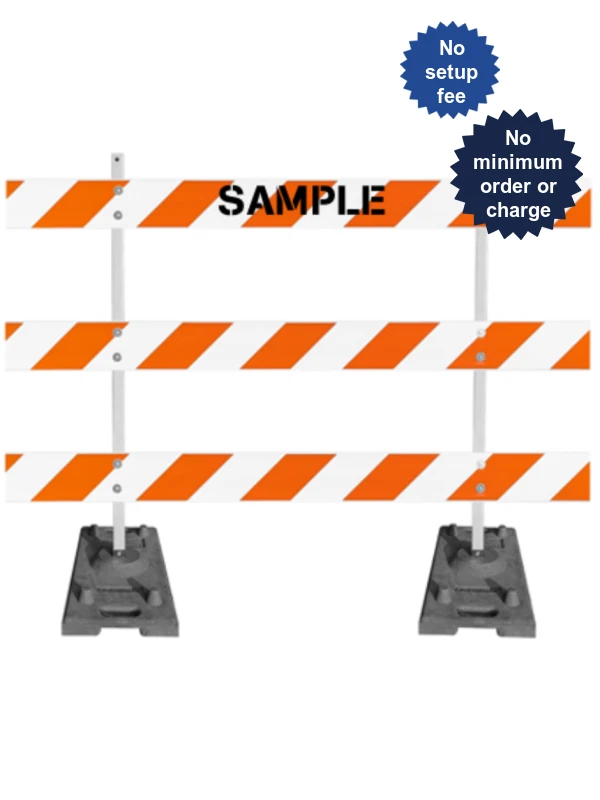 63\" Tall MUTCD Type III Barricade -Plastic Power Post Uprights, Rubber Ballast Feet \u0026 Three 8\u0027 Plastic Boards w/HI Sheeting On Both Sides Of Rails \u0026 Custom Lettering