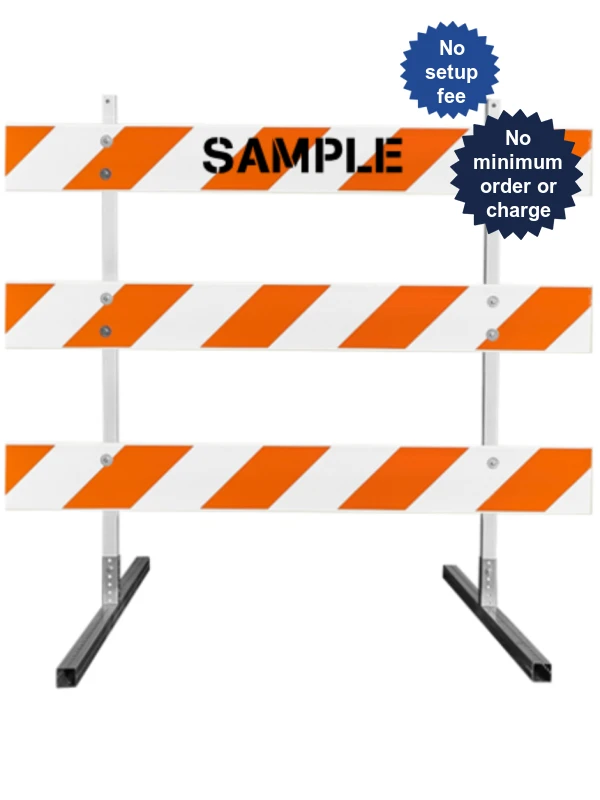 63\" Tall MUTCD Type III Barricade -Plastic Power Post Uprights, Square Steel Sign Post Feet \u0026 Three 6\u0027 Plastic Boards w/HI Sheeting On Both Sides Of Rails \u0026 Custom Lettering