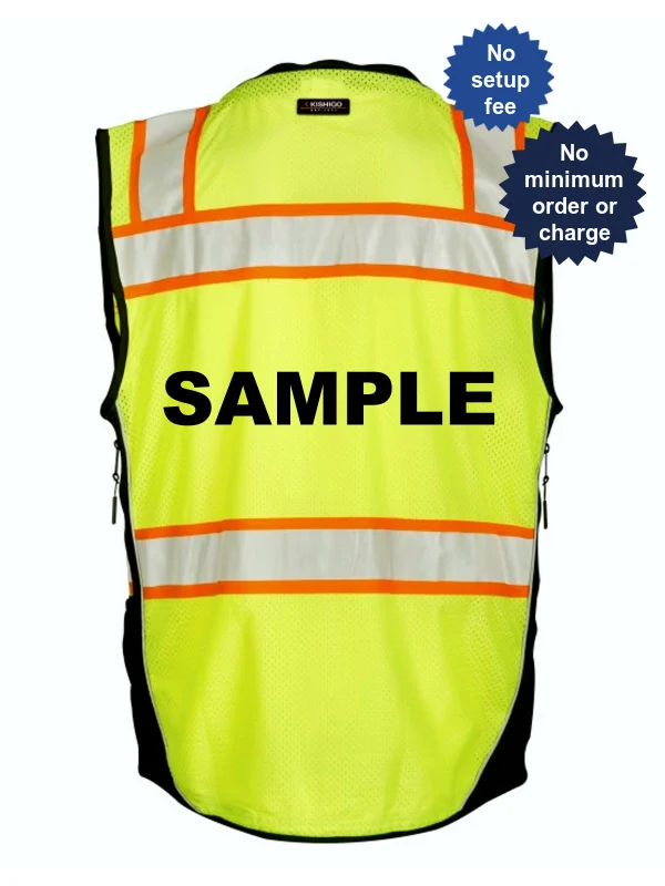 Kishigo Lime, Premium Black Series Surveyors Vest, Class 2, Large w/Custom Black Text