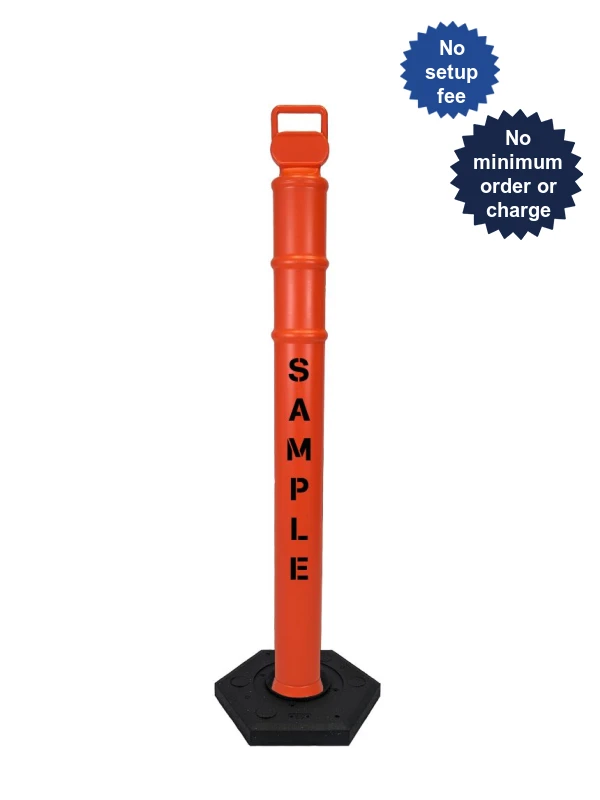 Orange 45\" Cortina EZ Grab delineator tube with 12 lb recycled rubber base \u0026 custom lettering