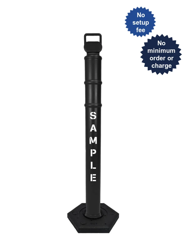 Black 45\" Cortina EZ Grab delineator tube with 18 lb recycled rubber base \u0026 custom lettering