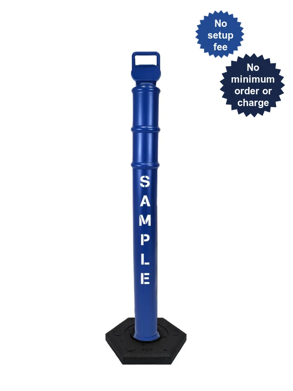 Blue 45\" Cortina EZ Grab delineator tube with 12 lb recycled rubber base \u0026 2X custom lettering