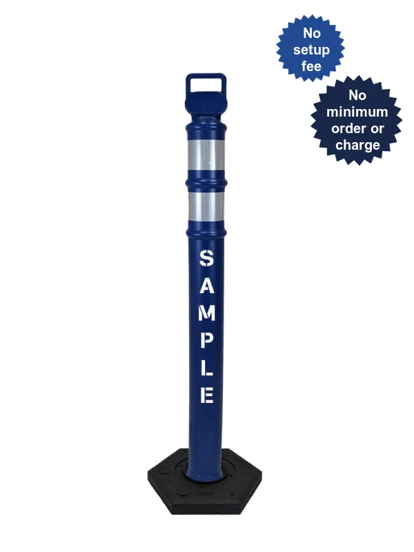 Blue 45\" Cortina EZ Grab delineator tube with two 3\" reflective collars \u0026 18 lb recycled rubber base \u0026 custom lettering