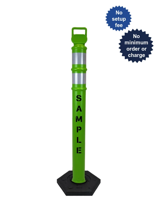 Lime 45\" Cortina EZ Grab delineator tube with two 3\" reflective collars \u0026 12 lb recycled rubber base \u0026 custom lettering