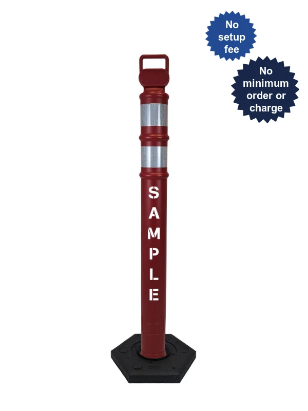 Red 45\" Cortina EZ Grab delineator tube with two 3\" reflective collars \u0026 18 lb recycled rubber base \u0026 2X custom lettering