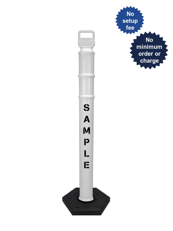 White 45\" Cortina EZ Grab delineator tube with 8 lb recycled rubber base \u0026 2X custom lettering