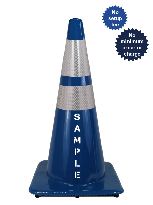 Blue 28\" Traffic Cone, 7 lbs, Two Reflective Collars, Lettering Double Side