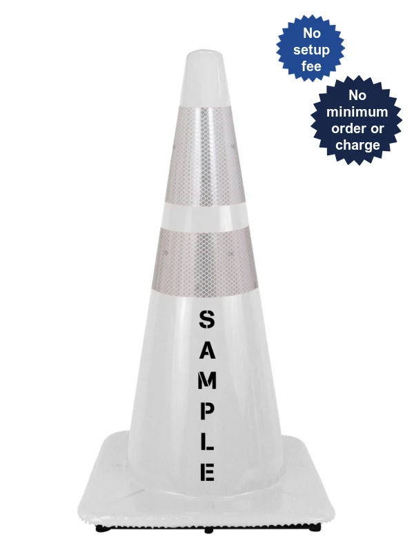 28\" Traffic Cones 7 lbs White Two Reflective Collars Lettering Double Sided