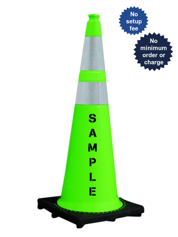 Lime Black Base 36\" Cone w/ 6\" \u0026 4\" Reflective Collars \u0026 Custom Lettering