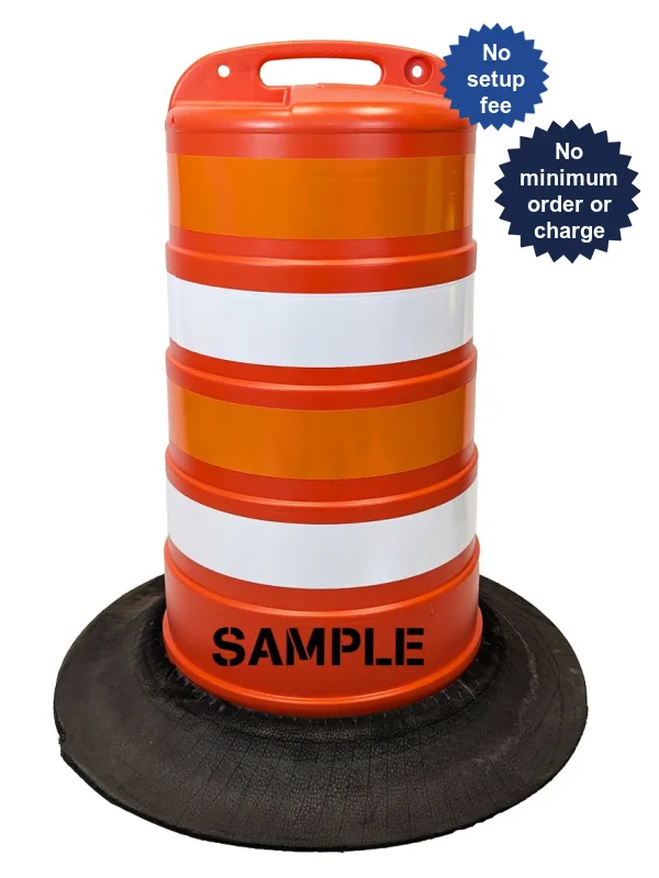 37\" Tall Channelizer Drum w/Four 4\" EG Reflective Stripes, Recycled Tire Base \u0026 Double Sided Custom Lettering