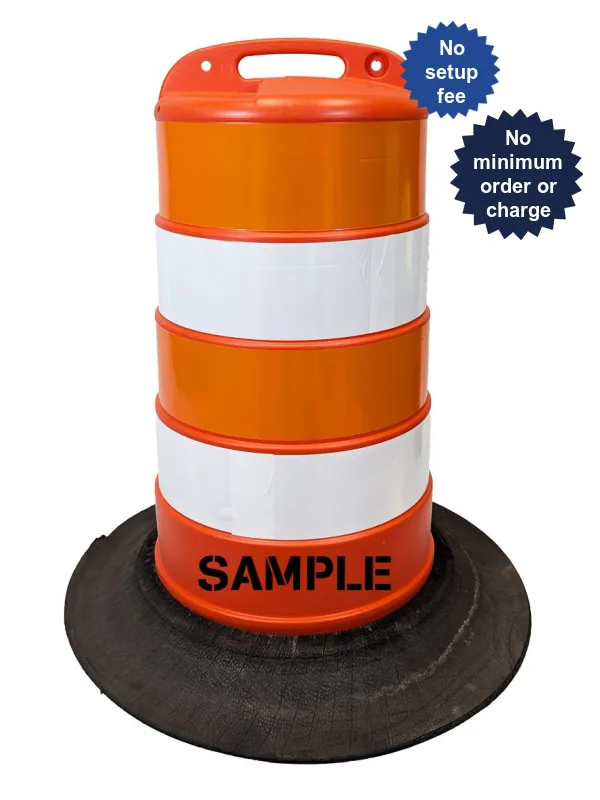 37\" Tall Channelizer Drum w/ Four (4) 6\" EG Reflective Stripes, Double Sided Custom Lettering \u0026 Tire Ring Base