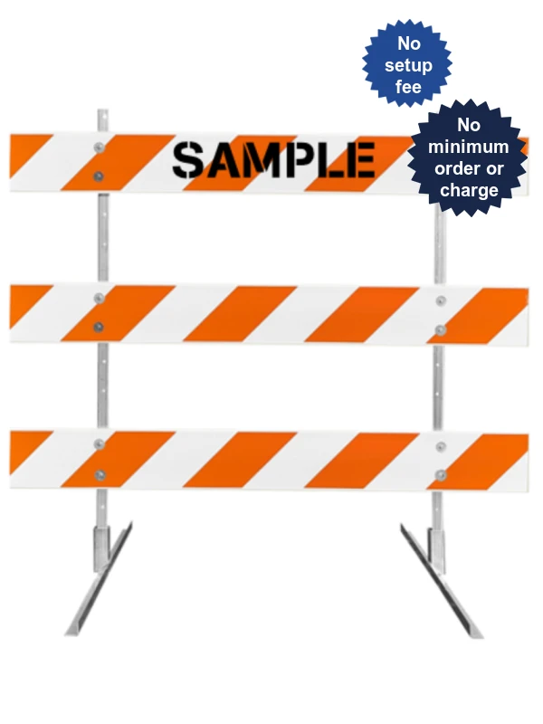 63\" Tall MUTCD Type III Barricade -Square Steel Sign Post Uprights, Steel Angle Iron Feet \u0026 Three 6\u0027 Plastic Boards w/EG Sheeting \u0026 Custom Lettering