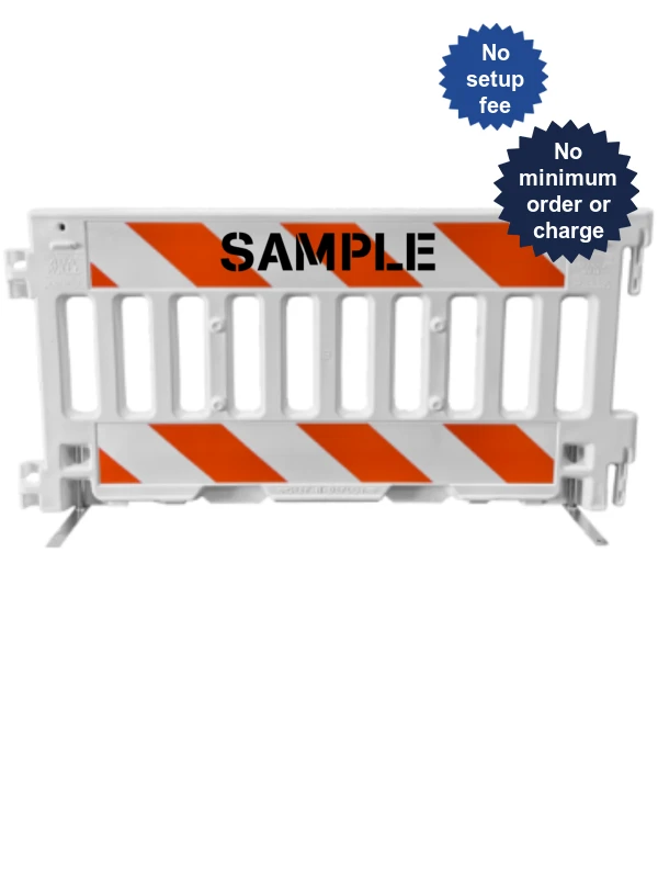 White, Pedestrian Wall Barricade w/ T-Legs (72\" L X 3\" W X 38\" H) w/ Engineer Grade (EG) Sheeting On Top \u0026 Bottom On Both Sides \u0026 Custom Lettering On Both Sides (2X)